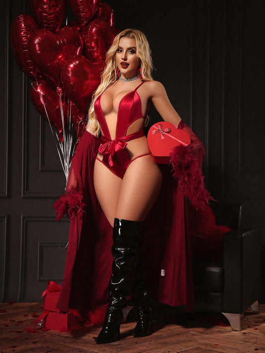 Opulent Queen Plus Size Women Sexy Front Tie Bow Slim Heart Shape Bondage Satin Jumpsuit
