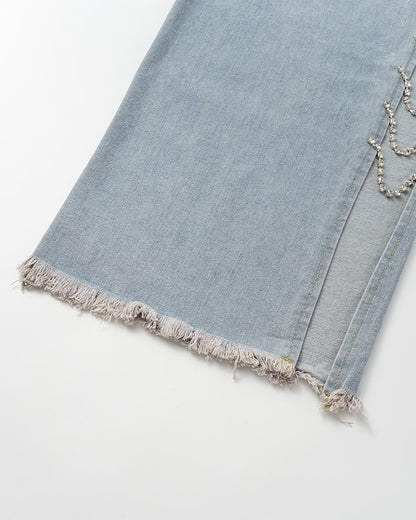 Metal Chain Slit Denim Jeans